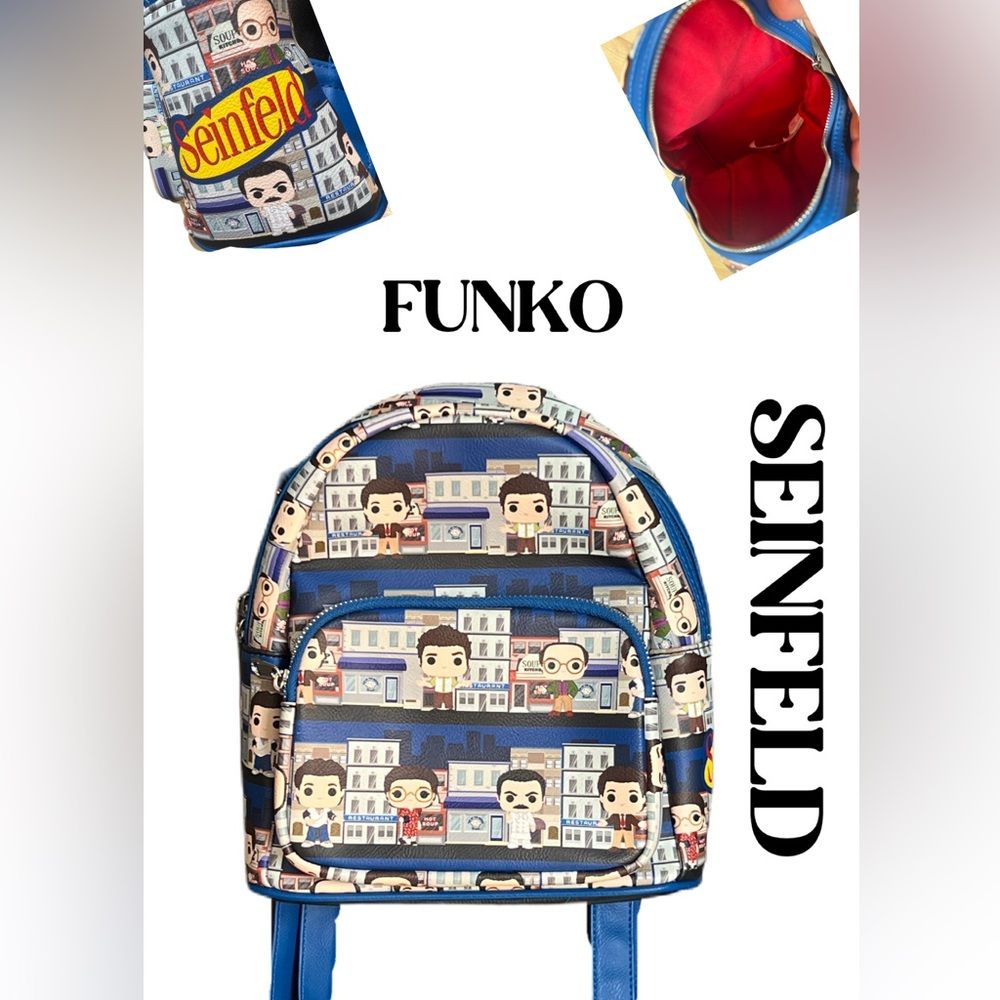 Funko Seinfeld Character Blue Backpack with Soup Recipe Episode depicted